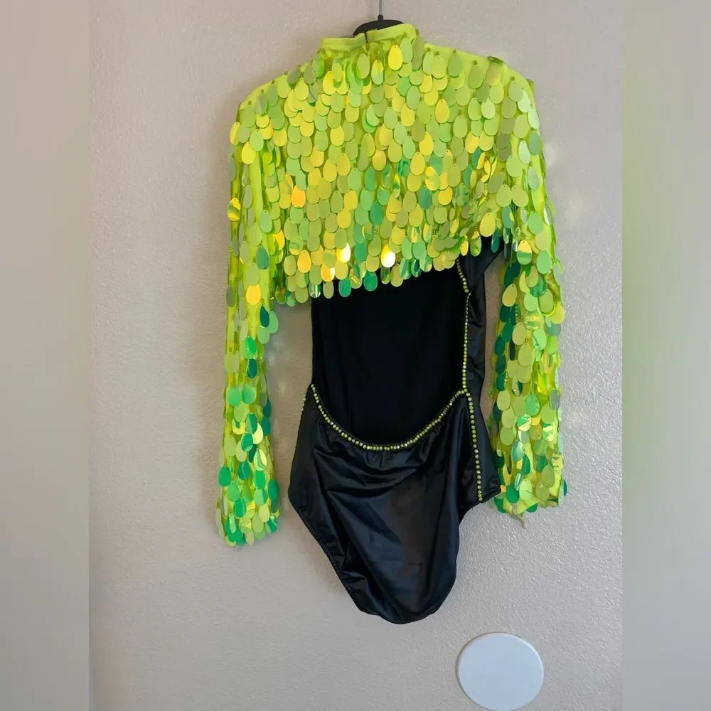Glamour dance costume neon green leotard black green shrug fringe bling LA adult